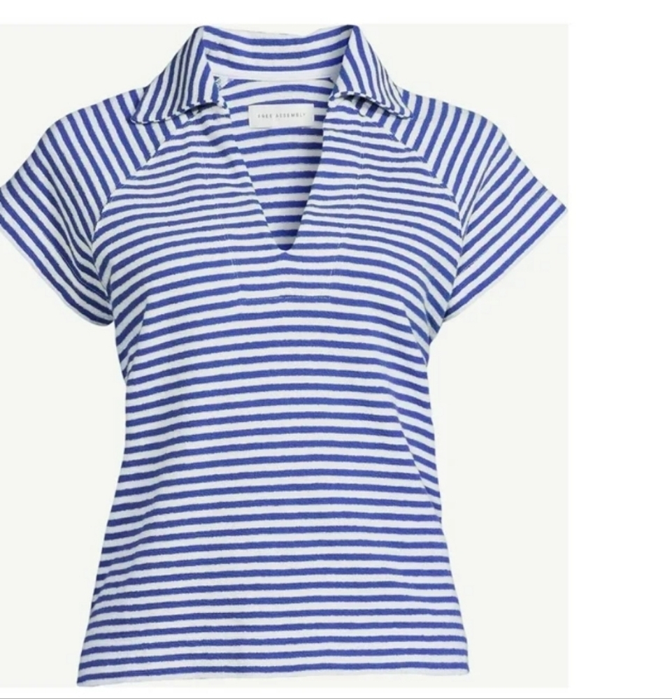 Free Assembly Raglan Short Sleeve Polo Terry Cloth Blue White Striped Size L